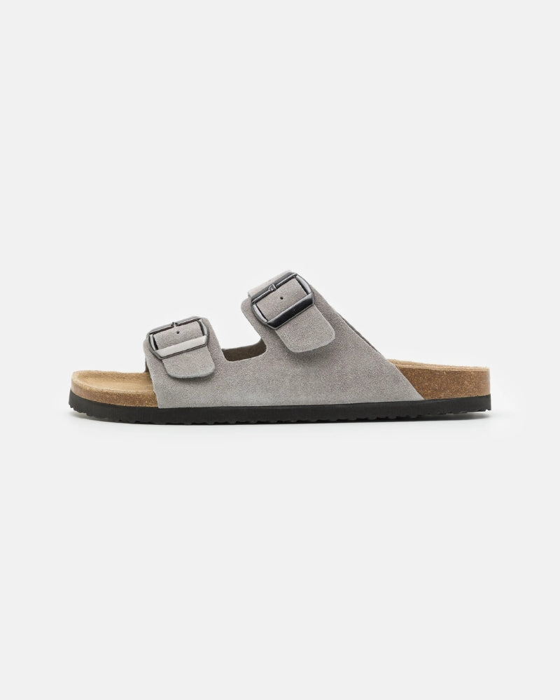 Double-Buckle Suede Sandals - Light Grey